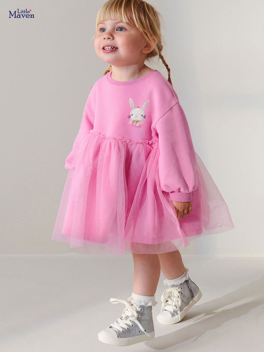 little maven2024 european and american style girls‘ dress long sleeve tulle skirt autumn cotton children‘s princess dress