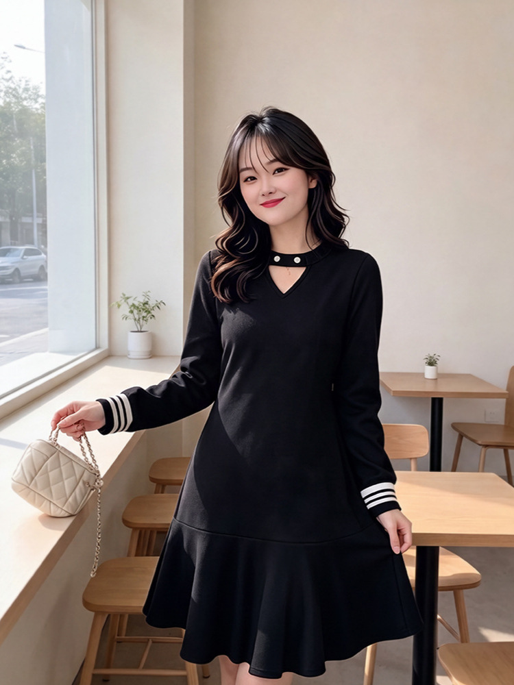 65-160kg Plus Size Women's College Style Dress 2026 Spring and Autumn Style for Chubby Girls with Sleeves, Elegant and Age-Reducing Ruffle Dress