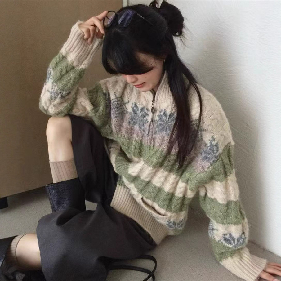 古着北欧风撞色提花立领针织毛衣女外套女秋冬软糯宽松费尔岛外套