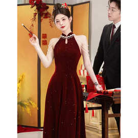 jlx7390红色旗袍敬酒服新娘2025新款晚礼服新中式结婚订婚连衣裙