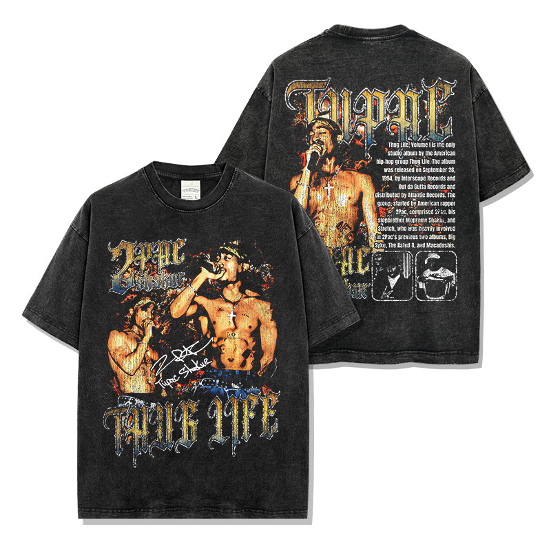 Cross-border American Hip Hop 2 PAC TUPAC Printed Washed Short-sleeved T-shirt Crewneck Heavy Hooded Sweatshirt for Men Wholesale