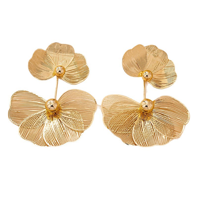 Orecchini a fiore dorati a doppio strato eleganti per donna_voghion.com