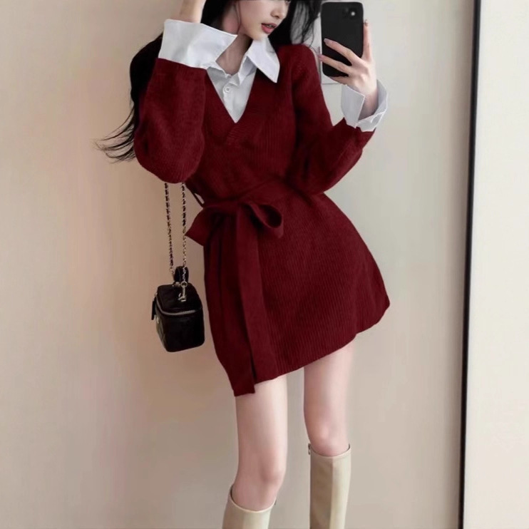 慵懒风韩版假两件衬衫拼接系带收腰针织连衣裙女秋冬短款毛衣裙子|undefined