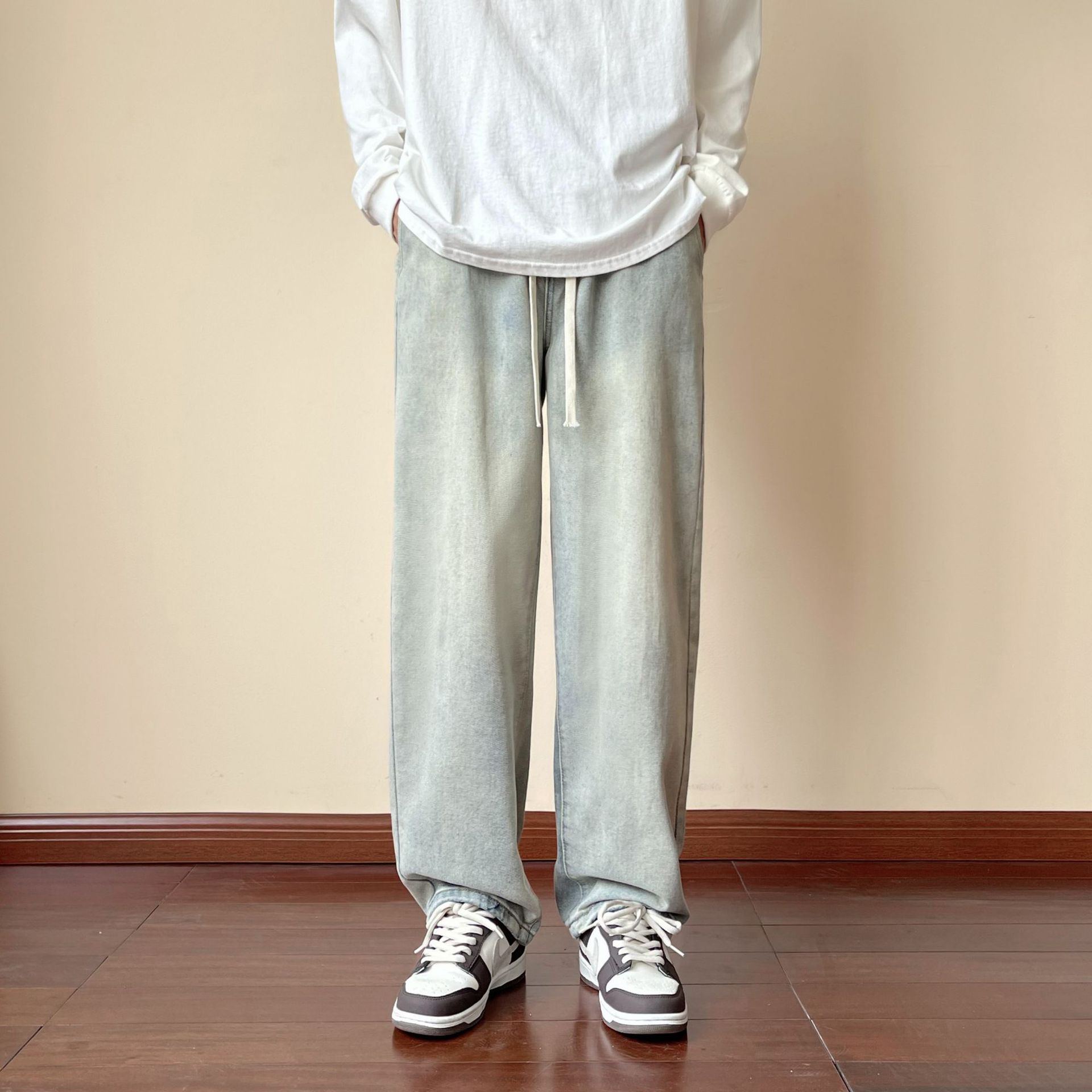 LKTM Men's Wear # Yellow Mud Dyeing American High Street Jeans Pantalones de pierna recta sueltos con cintura elástica de marca de moda para hombres