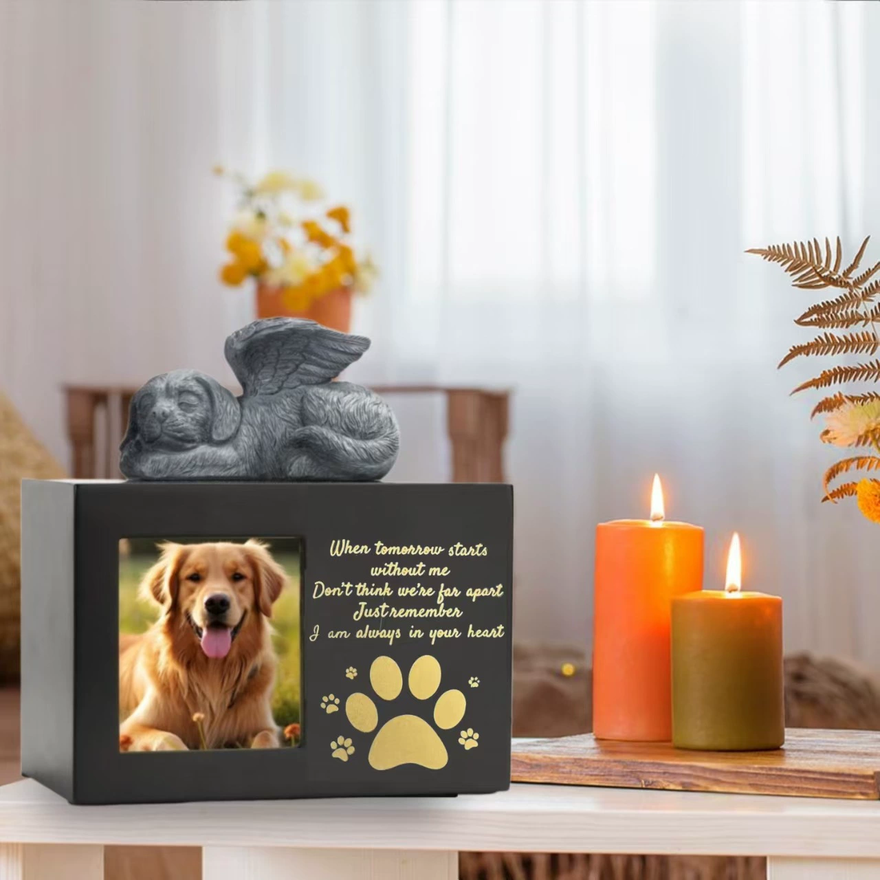 Кросс-бордерный бестселлер: деревянная урна для питомца с гравировкой отпечатков лап, фоторамка + кулон с ангелом и собакой или кошкой