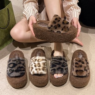2025 New Autumn and Winter Korean Style Wedge-Heeled Fur Slippers for Women to Wear Thick-Soled High-Heeled Leopard Print Open-Toe Cotton Slippers Wholesale