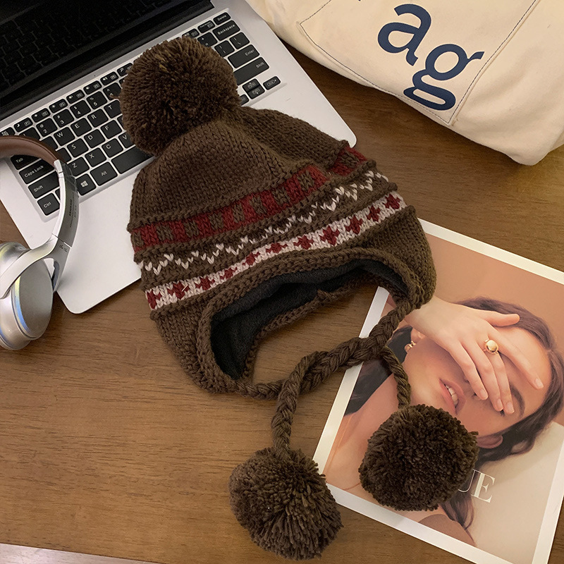 フェア島風毛糸帽子女子秋冬レトロ百合大頭囲保温ニット帽子顔小耳保護帽子
