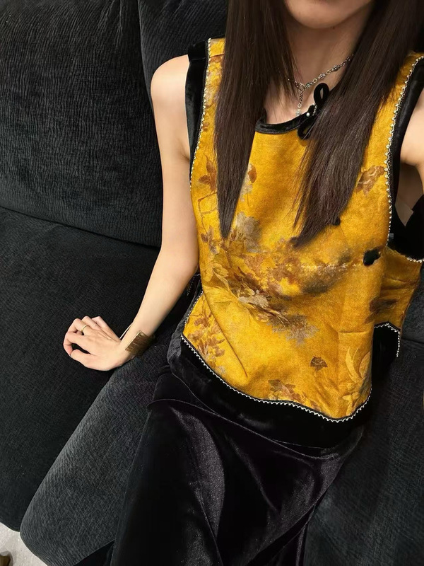 2025秋款轻奢高级新中式真丝羊毛+真丝丝绒百搭款拼色马甲背心96|undefined