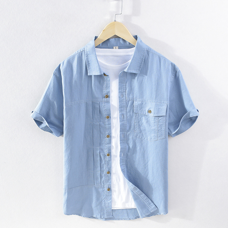 Nuova camicia a maniche corte in cotone e canapa per camicia da uomo da uomo d'affari in lino casual primaverile ed estivo con colletto quadrato_voghion.com