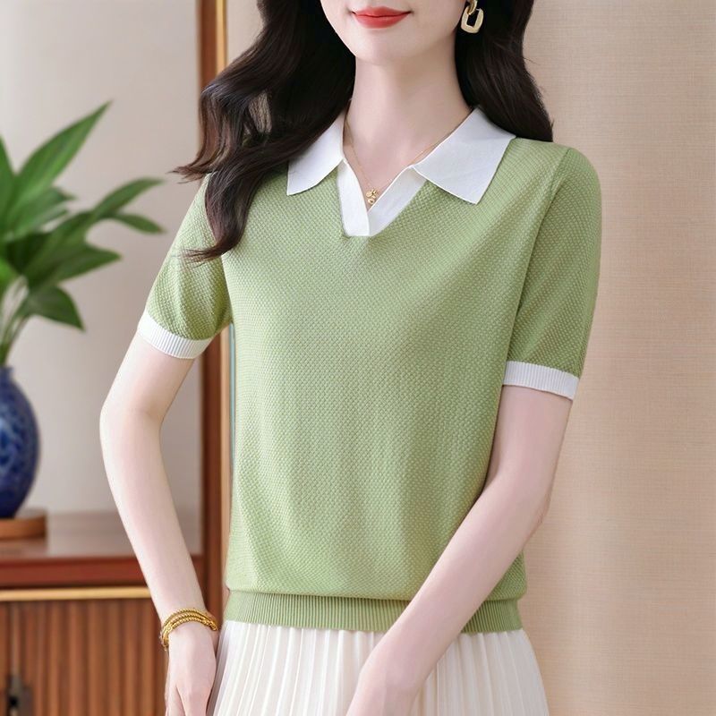 Fashionable Poio Collar Short-Sleeve T-Shirt for Women, Summer Mom Style, 202 New Age-Reducing Loose Thin Knit Top