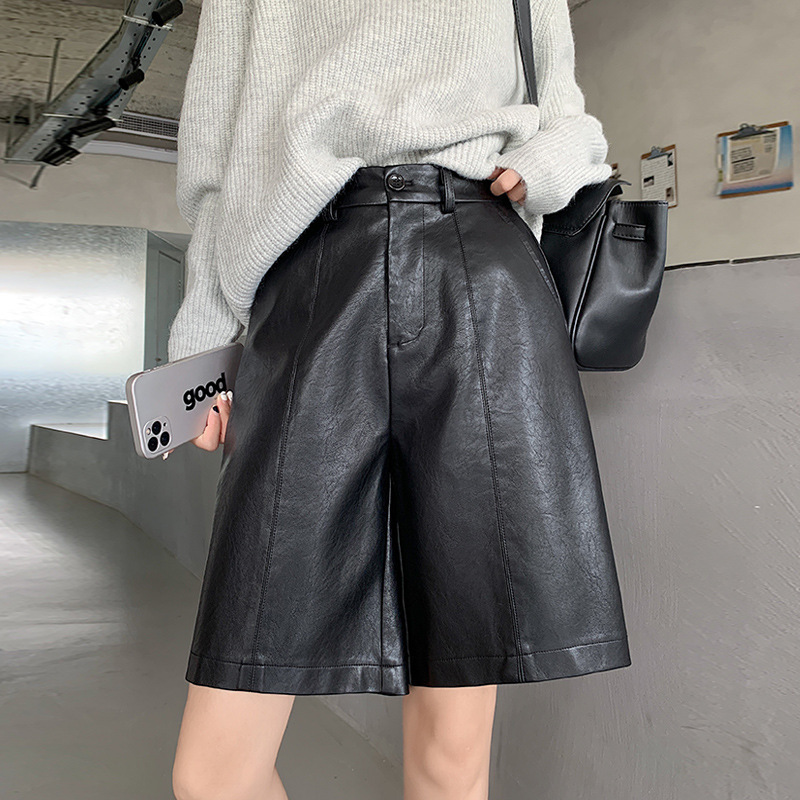 Leather Shorts for Women Spring and Autum 2025 New Leather Pants High-Waisted Slimming Look Five-Point Pants for Outer Wear A-Line Wide-Leg Boot Pants