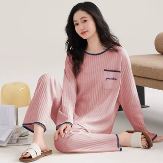 睡衣女款2026新款防凹点带胸垫春秋季纯棉长袖女士简约全棉家居服
