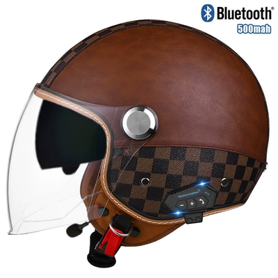 Motosiklet kaskı (dəbilqə) – electric car half helmet double - checkerboard-brown-long-outside-and-tea-insidebluetooth-m