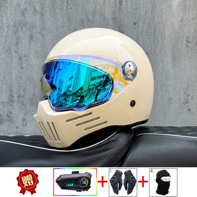 Motosiklet kaskı (dəbilqə) – for All Seasons, with Bluetooth - milky-white-with-phantom-blue-night-vision-transparent-mirror-delivered-y10-soft-wheat-m