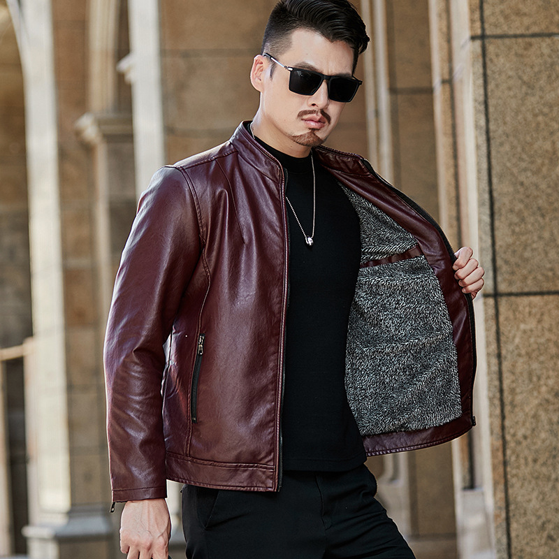 Men's Leather Jacket Casual Winter Fleece Warm Stand Collar Coat_voghion.com