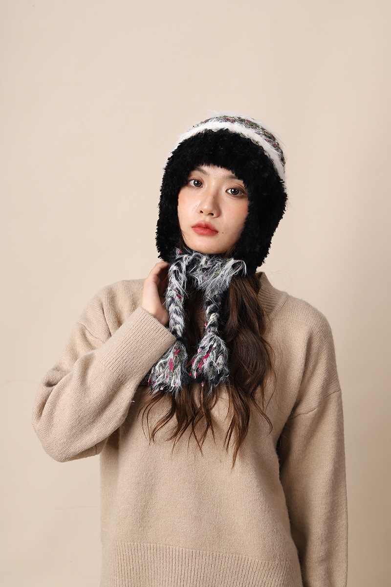 Cappello di lana lavorato a maglia con lacci colorati per donna autunno inverno nuovo caldo protezione per le orecchie e fascia per la testa a strisce colorate_voghion.com