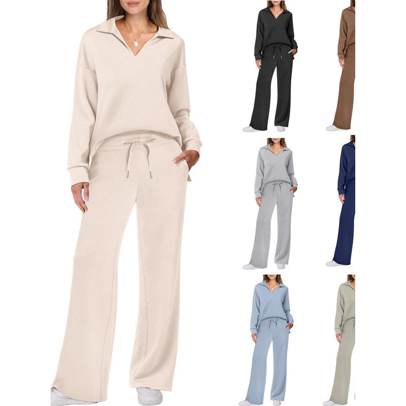 Amazon European and American Spring and Autumn New Fashion Casual Women's Long-Sleeve Drawstring Solid Color Commuter Pants Set Amazon European and American Spring and Autumn New Fashion Casual Women's Long-Sleeve Drawstring Solid Color Commuter Pants Set