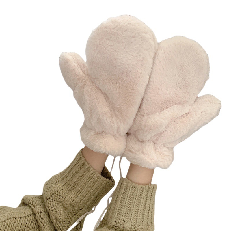 Guantes de felpa de dibujos animados de color sólido estilo INS para mujer, guantes gruesos de invierno para ciclismo para estudiantes, forrados con forro polar, cálidos y resistentes al frío, guantes de dedos completos, estilo INS.
