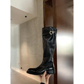 牛皮版葡萄妈同款水洗马皮粗跟厚底增高显腿直长筒靴女秋冬骑士靴
