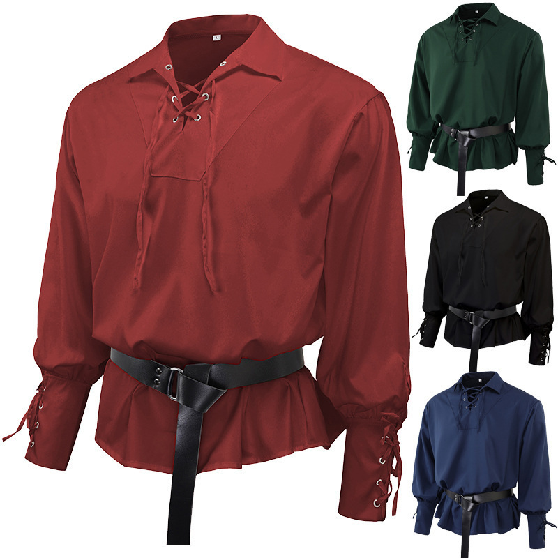 European Retro Men's Clothing Medieval Drama Stage Performance Tops Solid Color Loose Cuff Tie Rope Men's Shirt