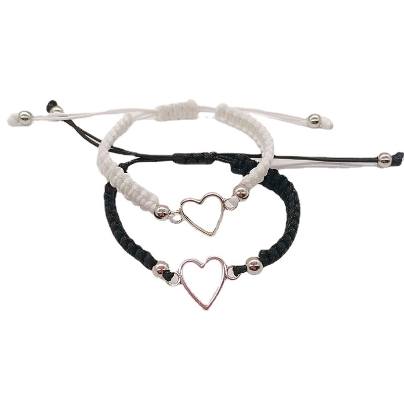 Nueva Pareja Creativa Pulsera Blanca y Negra Pulsera de Corazón Hueco Pulsera de Empuje y Tracción Pulsera de Tiración Pulsera Ajustable_voghion.com