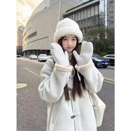 皮毛一体连帽麂皮绒外套女装2024冬季新款加绒加厚中长款长袖上衣