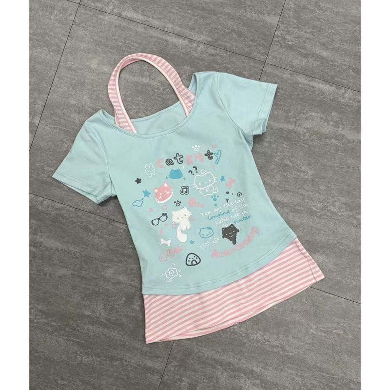 かわいいデザインニッチストライプホルターネックかわいい猫半袖Tシャツレディース夏ホームスタイルスリムフィットショートトップ|undefined