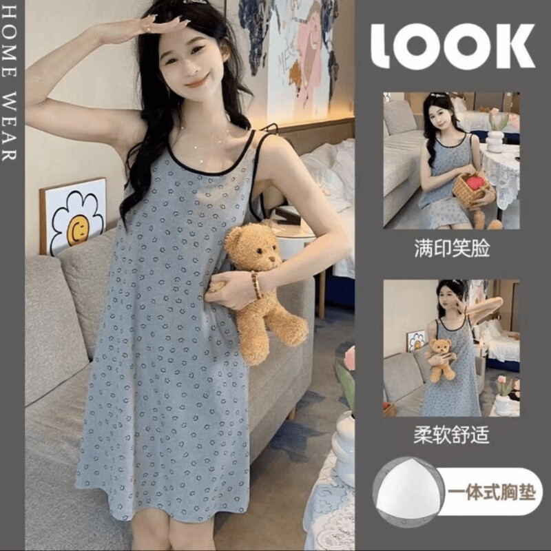 [in stock] Ice Silk Thread Smiley with Chest Pad Pajamas Women's Summer Thin Korean Age-reducing Sling Nightgown Home