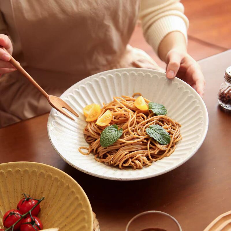 Japanese-Style Retro Rustic Pottery Lace-Edged Bowl, Household Ceramic Noodle Bowl, Conical Bowl, Salad Bowl, Soup Bowl, Creative Tableware