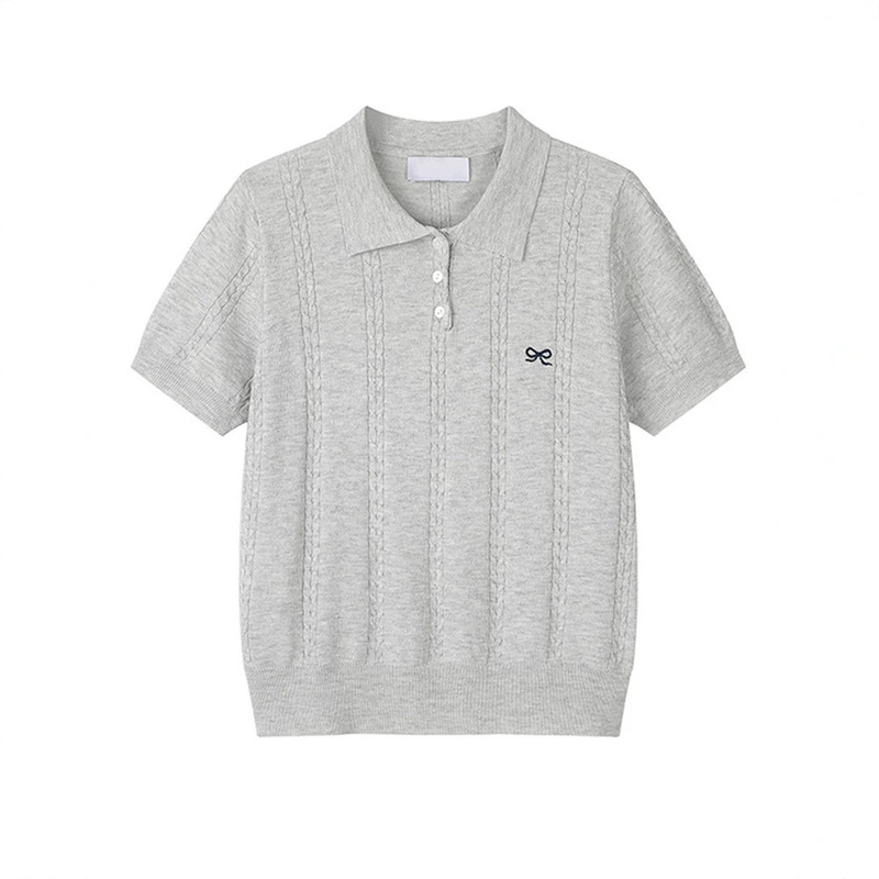 Korean-Style Gray Polo Collar Embroidered Twist Ice Silk Knit Short-Sleeve T-Shirt for Women, Unique and Beautiful Summer Top with a Turn-Down Collar Korean-Style Gray Polo Collar Embroidered Twist Ice Silk Knit Short-Sleeve T-Shirt for Women, Unique and Beautiful Summer Top with a Turn-Down Collar