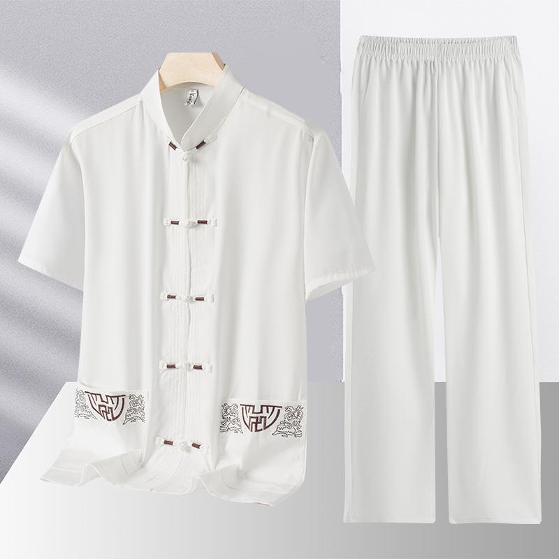 Middle-aged and Elderly Tang Suit Male Grandpa Summer Suit Short-sleeved Chinese Style Two-piece Dad Suit Summer Shirt Morning Exercise Hanfu