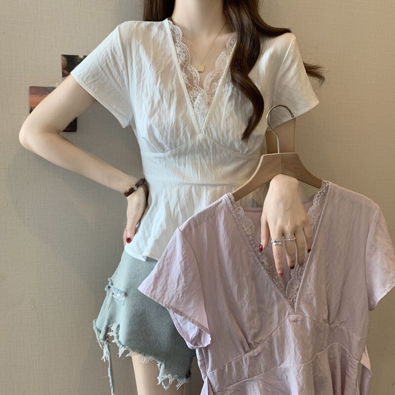 Korean Style Lace Patchwork Tie-Up Short-Sleeve Slimming Shirt 2026 Summer New Slim-Fit Waist-Cinching Top Shipping Soon