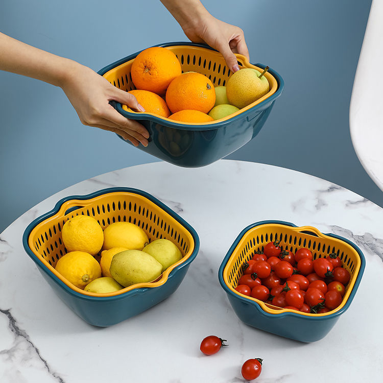 Cocina de doble capa de frutas y verduras canasta de drenaje canasta de almacenamiento de plástico de doble capa de 6 piezas canasta de lavado de verduras canasta de drenaje del fregadero