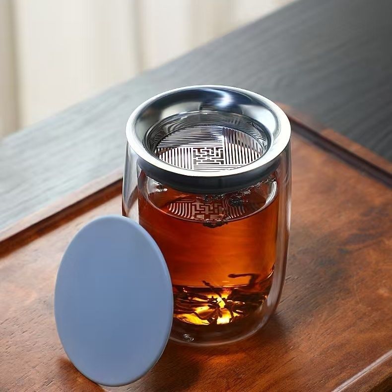 Tetera de doble vidrio aislante de calor de té de agua separado taza de filtro de té portátil de fabricación de té artefacto anti-explosivo transparente