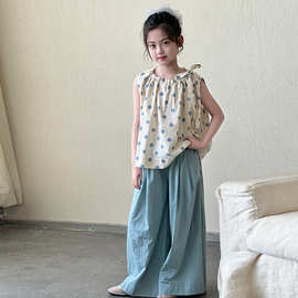 女童波点娃娃衫套装夏季2025新款儿童夏装中大童阔腿裤两件套洋气
