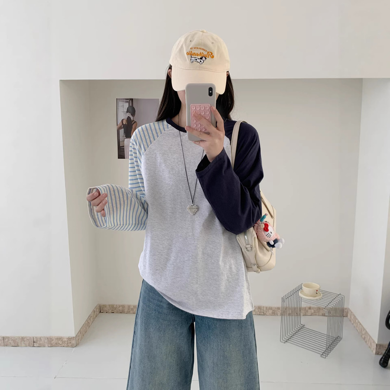 Spring and Autumn New Style Color-Blocked Versatile Loose Long-Sleeve T-Shirt Fashion Niche Pure Cotton Casual Women's Top