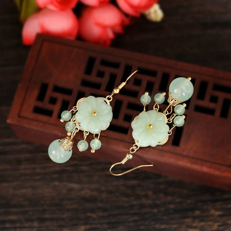 New Female Ethnic Tassel Earrings Fashion Trend Jade Earrings Long Temperament Handmade Earrings Live Wholesale