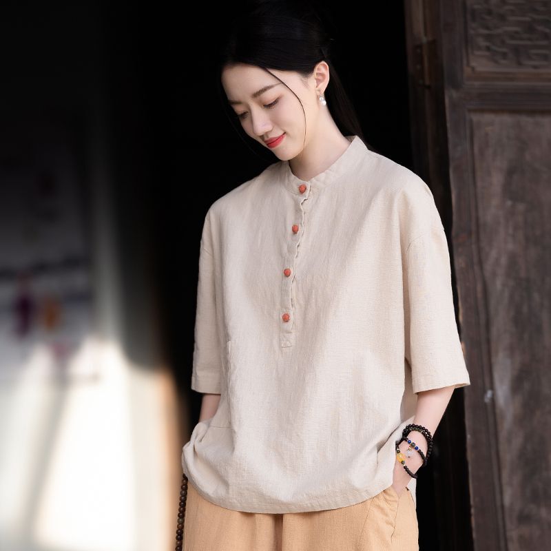 Commuting Casual Style Half-Sleeved Cotton and Linen Tops T-Shirt Summer New Half-Cardigan Stand-Up Collar Literary Retro Large Size Women