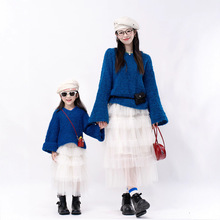 一起玩亲子韩范母女装秋季新款马海毛连帽韩版毛衣米克诺斯蓝上衣