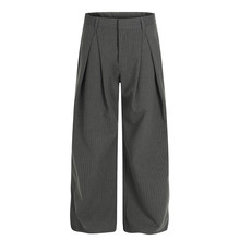 美式复古竖条纹休闲西装裤男士直筒百搭设计感打褶皱阔腿宽松长裤