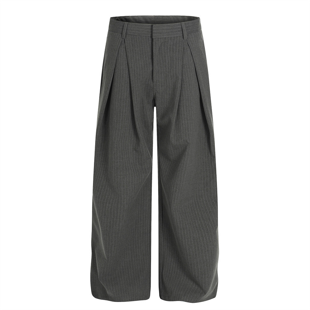 American Style Vertical Striped Casual Suit Men's Straight Versatile Design Pleated Wide-Leg Loose Long Pants_voghion.com