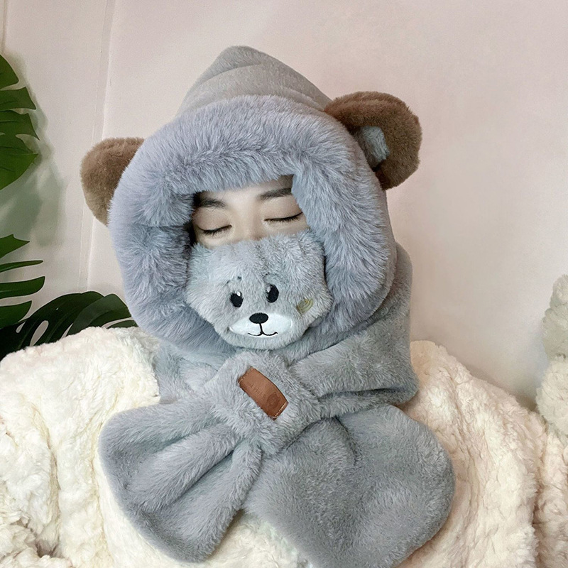 韓国版の熊のマスクのマフラーの一体の帽子のかわいい耳のぬいぐるみの学生の冬の保温は帽子をかぶせて代行します。|undefined