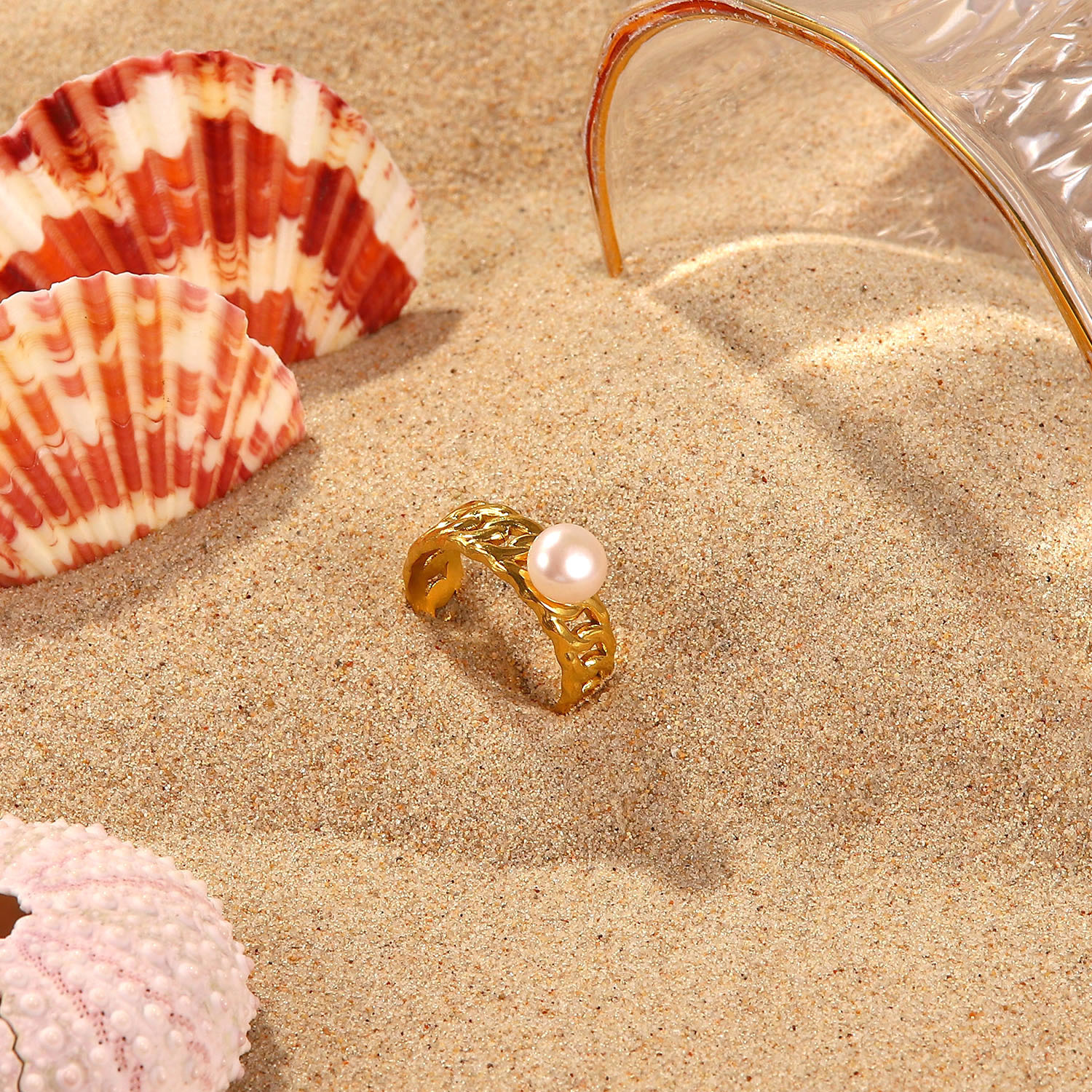 New style 18K Gold Plated Stainless Steel Chain Pearl Ring