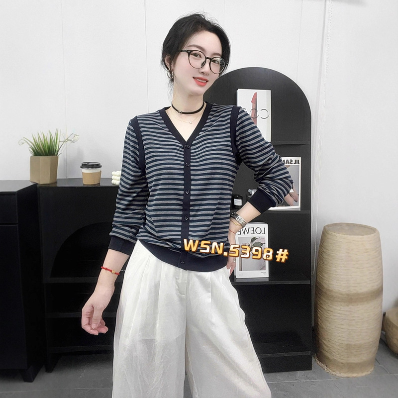2025秋季新款休闲条纹套头女长袖V领显瘦上衣女T恤5398|undefined