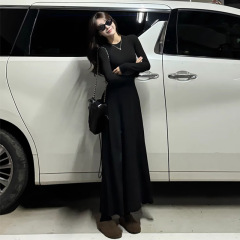 2025秋季穿搭赫本风黑色长袖连衣裙女装收腰显瘦显气质修身小黑裙