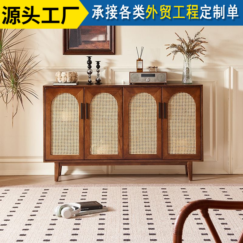 Medieval Style Solid Wood Rattan Sideboard Four-Door Storage Cabinet B&B Hotel Bedroom Multi-Functional Storage Cabinet