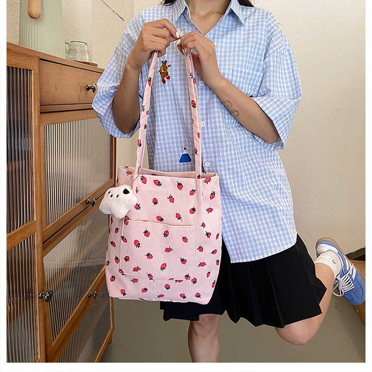 375g Weight Polyester Lining Material Magnetic Buckle Closure Type Double Shoulder Straps Strap Type Bucket Bag Bags Type Holiday, Daily Occasion Corduroy Material Strawberry Pattern Spring&Summer Season Women's Gender Cute Style Square Shape Medium Size Women's Medium Corduroy Strawberry Cute Square Magnetic Buckle Bucket Bag 7