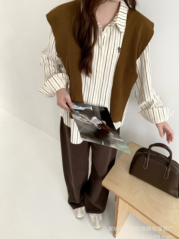 琪镌绘制早秋款甜美翻领条纹宽松百搭通勤长袖衬衫女打底衫82210|undefined