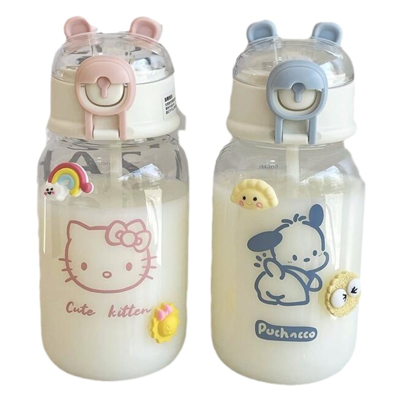 Vaso con Pajita Aislado para Niñas, Botella de Agua de Alta Calidad, Portátil, Compacto, con Diseño de Gato KT y Perro Pacha, Vaso Práctico, Vaso Infantil