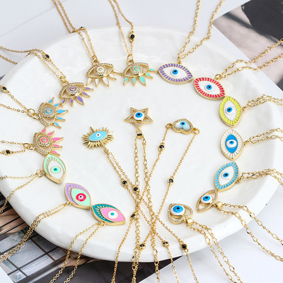 跨境新品欧美滴油眼睛吊坠项链女 微镶蓝眼睛土耳其风情锁骨链女|ru